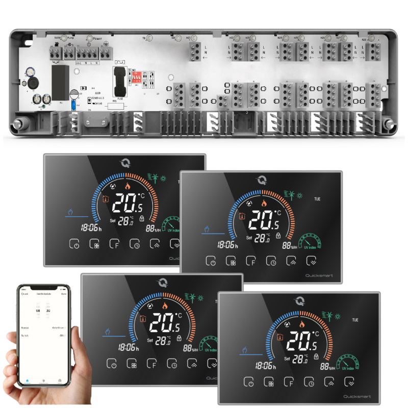 Kit Automatizare Incalzire Pardoseala Q10, Controller pardoseala 8 zone, 4 Termostate Smart cu fir Q8000WM, Control prin telefon