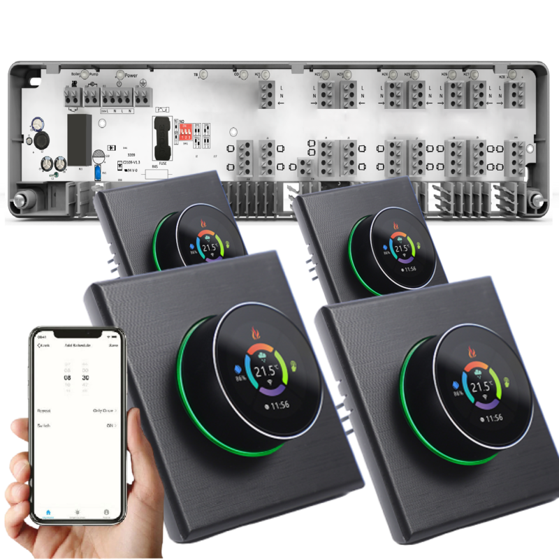 Q10 Underfloor Heating Automation Kit, Smart Management and Monitoring for 8 Zones, 4 Wired Recessed Q7000 Thermostats