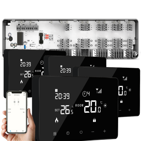 Q10 Underfloor Heating Automation Kit, Smart Management and Monitoring for 8 Zones, 4 Wired Q10 Thermostats, Flat back