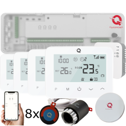 Q20 Underfloor Heating Automation Kit, Smart Management for 8 Zones, Fully Wireless, 4 Wifi Thermostats, 8 NC, e-Hub Included