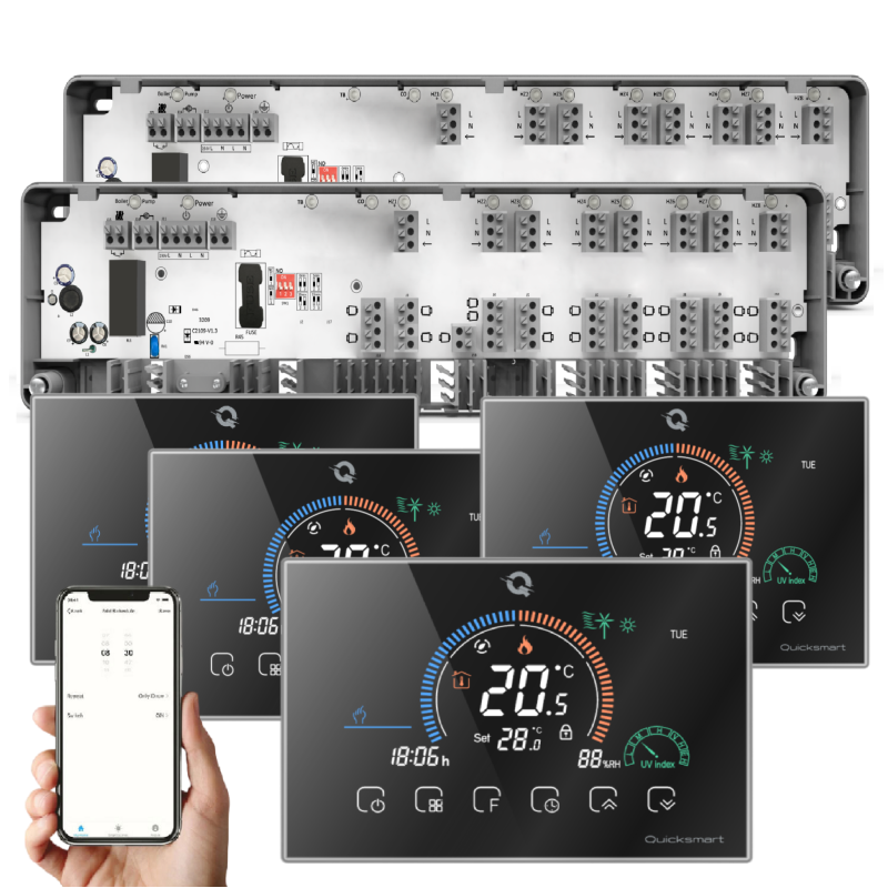 Kit Automatizare Incalzire Pardoseala Q10, 2x Controller pardoseala 8 zone, 4 Termostate Smart cu fir Q8000WM, Control telefon