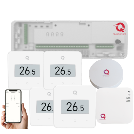 Automatizare Incalzire Pardoseala Q20, Controller 8 zone, 4 Termostate Q30 Wireless, Ecran e-Ink, Panou tactil sticla, Smart