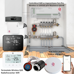 Kit Automatizare Incalzire Pardoseala Wireless Q20, Controller 8 zone, 4 Termostate Wireless, 8 Actuator NC, e-Hub, Smart