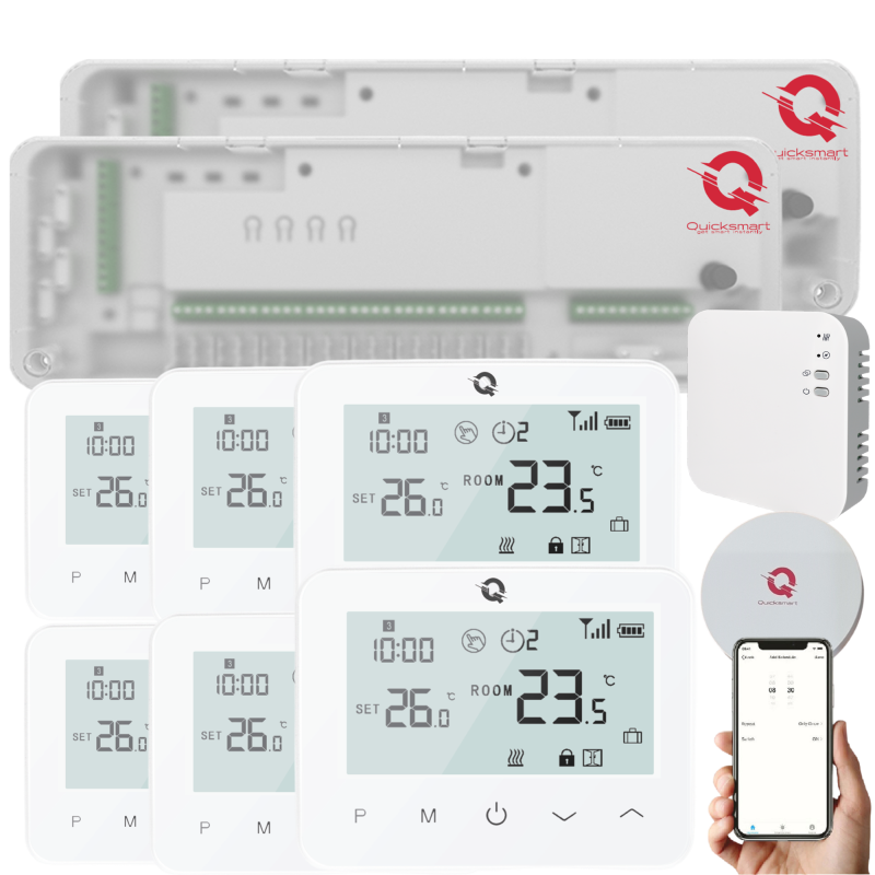 Automatizare Incalzire Pardoseala Q20, Kit Incalzire Pardoseala Wireless, Controller 2x8 zone, 6 Termostate, e-Hub, Smart