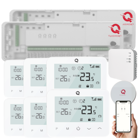 Automatizare Incalzire Pardoseala Q20, Kit Incalzire Pardoseala Wireless, Controller 2x8 zone, 6 Termostate, e-Hub, Smart