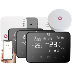 Q20 smart automation kit, Controller for underfloor heating, 8 zones, Full wireless, 4 Smart Wireless Thermostats, e-Hub