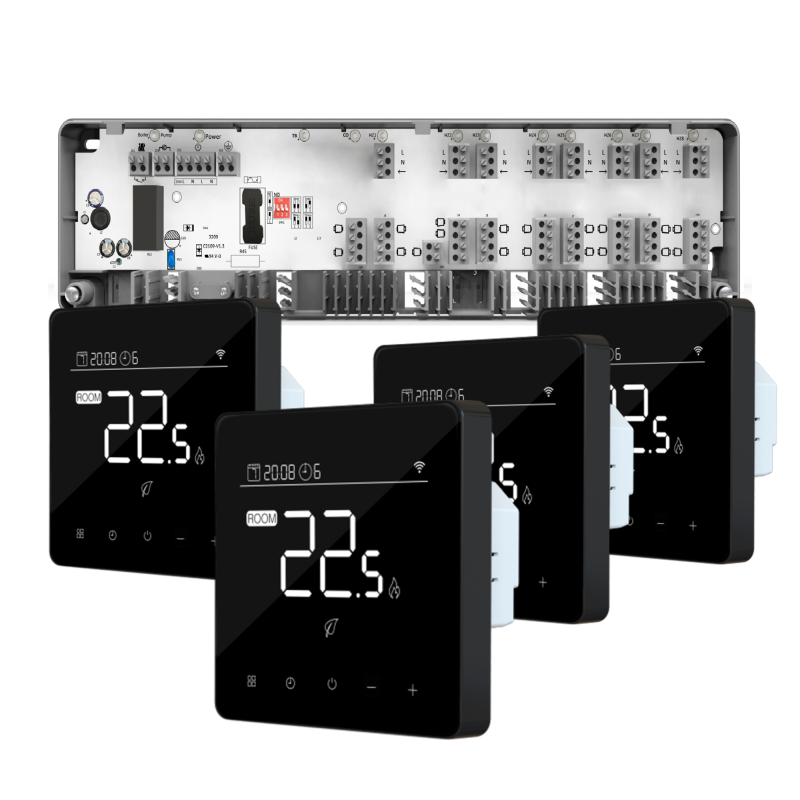 Automatizare Incalzire Pardoseala Q10, Controller pardoseala 8 zone, 4 Termostate cu fir Q40, Incastrabil, Smart