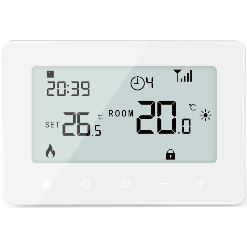 Termostat centrala Q10 cu fir, Smart, Panou sticla, Spate plat, Wifi, 6 programe, Comenzi tactile, Alb