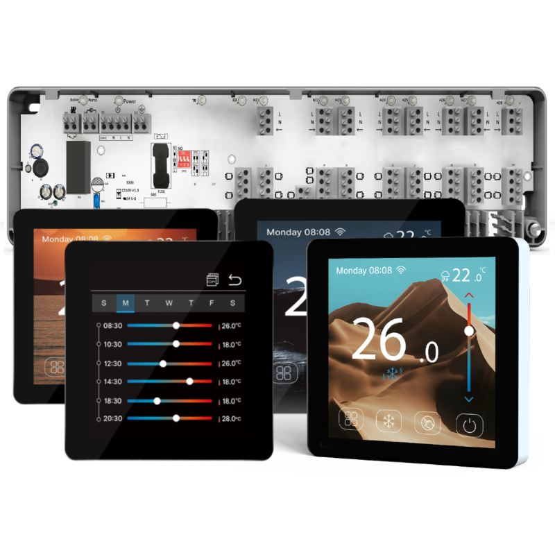 Automatizare Incalzire Pardoseala Q10, Controller pardoseala 8 zone, 4 Termostate cu fir Q50, Incastrabil, Smart