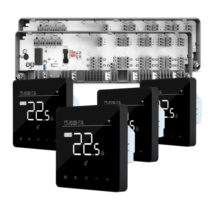 Automatizare Incalzire Pardoseala Q10, 2x Controller pardoseala 8 zone, 4 Termostate cu fir Q40, Incastrabil, Smart, negru