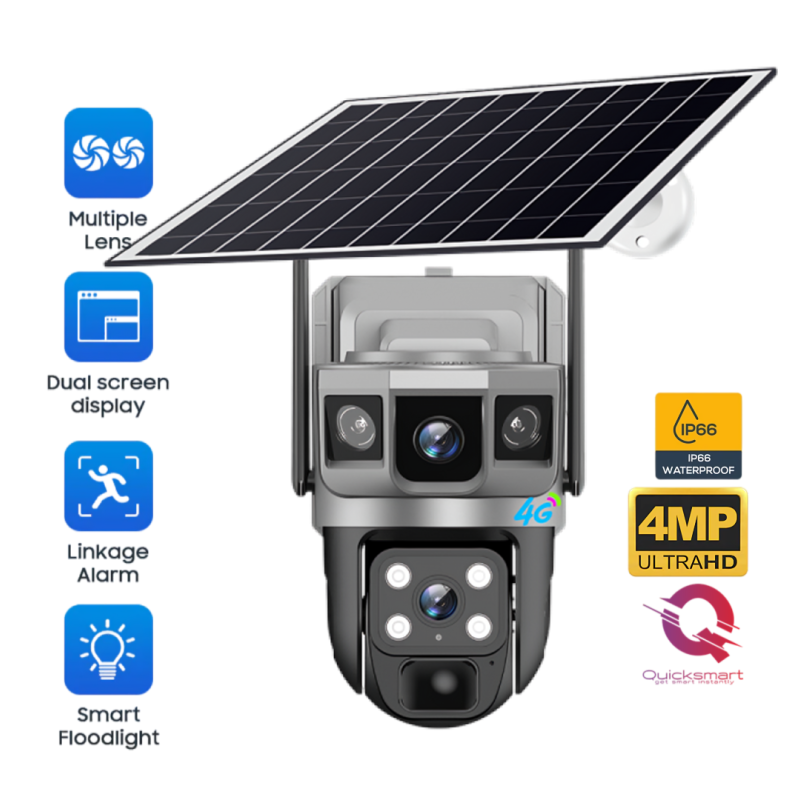 Camera supraveghere Smart QSQ AOV 4G, Rotire/ Inclinare, Dual Camera, Panou solar, Viziune nocturnă, Unghi larg, Audio, Sirenă