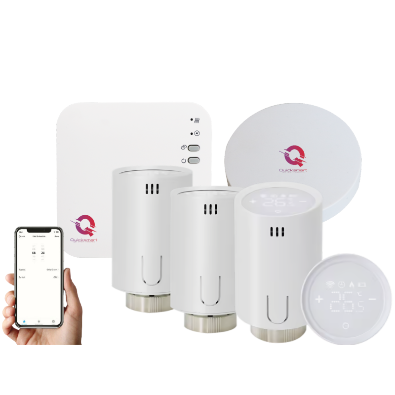 Kit automatizare smart radiatoare, 3 capuri Termostatate QTV20, Wireless, RF, E-Hub gateway, aplicatie iOS/ Android