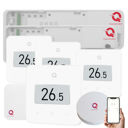 Q20 Underfloor Heating Automation, 2x 8-zone Controllers, 4 Q30 Wireless Thermostats, e-Ink Display, Glass Touch Panel, Smart