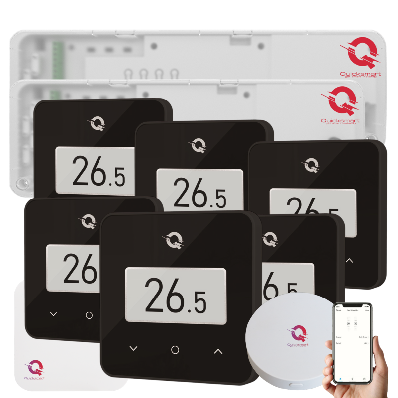 Automatizare Incalzire Pardoseala Q20, Controller 2x 8 zone, 6 Termostate Q30 Wireless, Ecran e-Ink, Panou tactil sticla, Smart