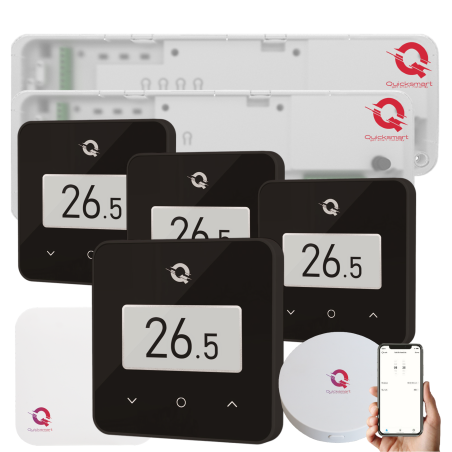 Q20 Underfloor Heating Automation, 2x 8-zone Controllers, 4 Q30 Wireless Thermostats, e-Ink Display, Glass Touch Panel, Smart