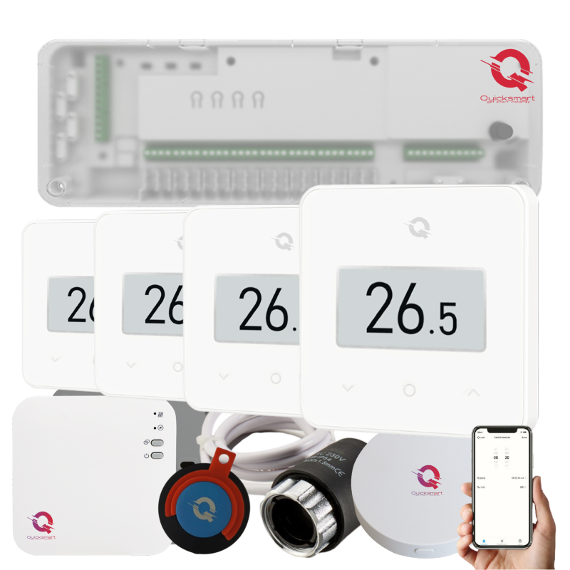 Q20 Underfloor Heating Automation, 8-zone Controllers, 4 Q30 Wireless Thermostats, 8 NC, e-Ink Display, Glass Touch Panel, Smart