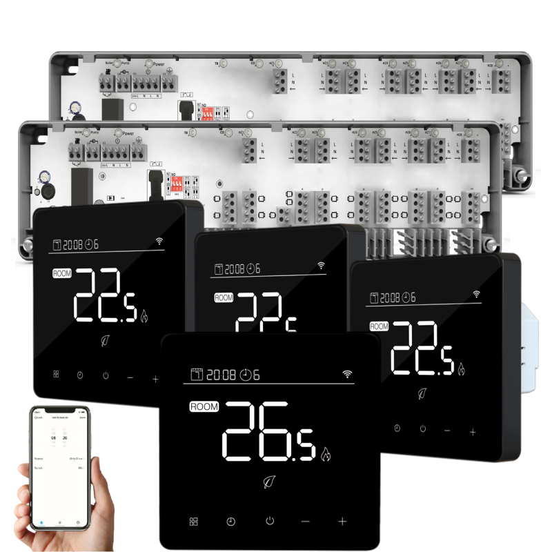 Automatizare Incalzire Pardoseala Q10, 2x Controller pardoseala 8 zone, 4 Termostate cu fir Q40, Incastrabil, Smart, negru