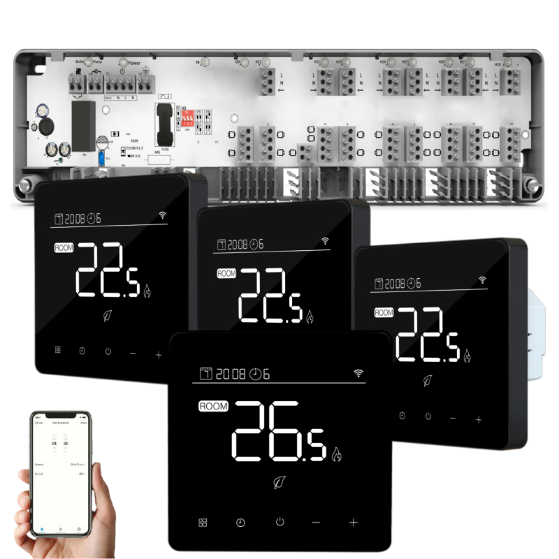 Smart Q10 Automation Kit, Underfloor Heating Controller, 8 Zones, 4 Wired Q10 Thermostats, Phone Control