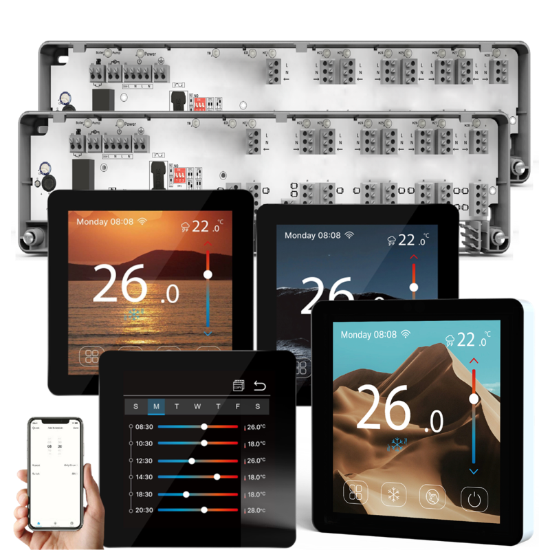 Automatizare Incalzire Pardoseala Q10, 2x Controller pardoseala 8 zone, 4 Termostate cu fir Q50, Incastrabil, Smart