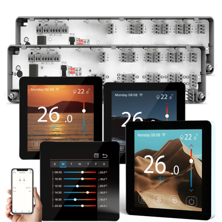 Automatizare Incalzire Pardoseala Q10, 2x Controller pardoseala 8 zone, 4 Termostate cu fir Q50, Incastrabil, Smart