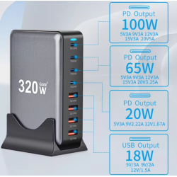 Statie incarcare 320W, High Power Fast Charging, 4x USB-C, 4x USB, laptop, tableta, telefon