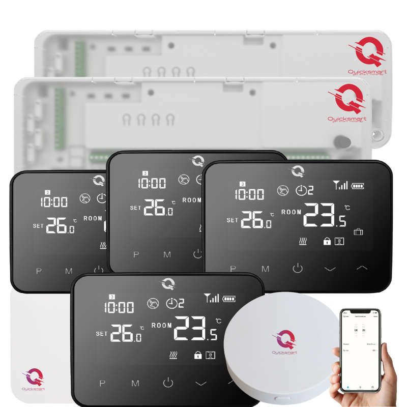 Automatizare Incalzire Pardoseala Q20, Kit Incalzire Pardoseala Wireless, 2x Controller 8 zone, 4 Termostate, e-Hub, Smart