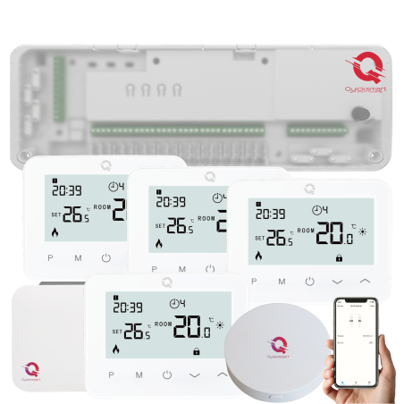 Automatizare Incalzire Pardoseala Wireless Q20, Kit Incalzire Pardoseala, Controller 8 zone, 4 Termostate Wireless, e-Hub, Smart