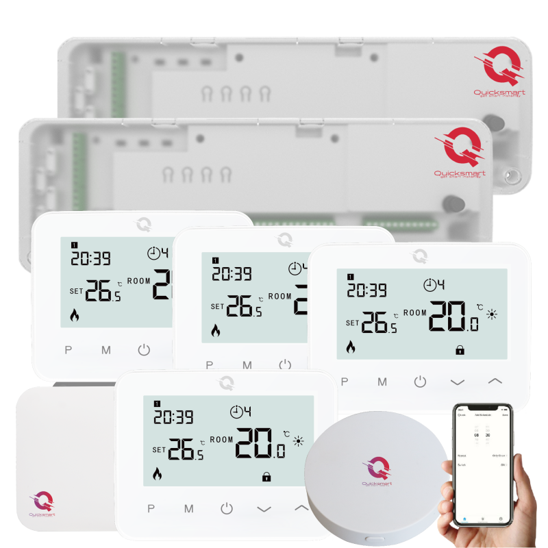 Q20 Underfloor Heating Automation Kit, Smart Management for 2x 8 Zones, Fully Wireless, 4 Wifi Thermostats, e-Hub Included, RF