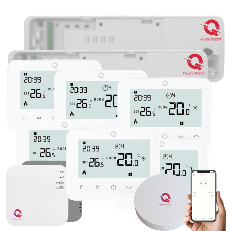 Q20 Underfloor Heating Automation Kit, Smart Management for 2x 8 Zones, Fully Wireless, 6 Wifi Thermostats, e-Hub Included, RF