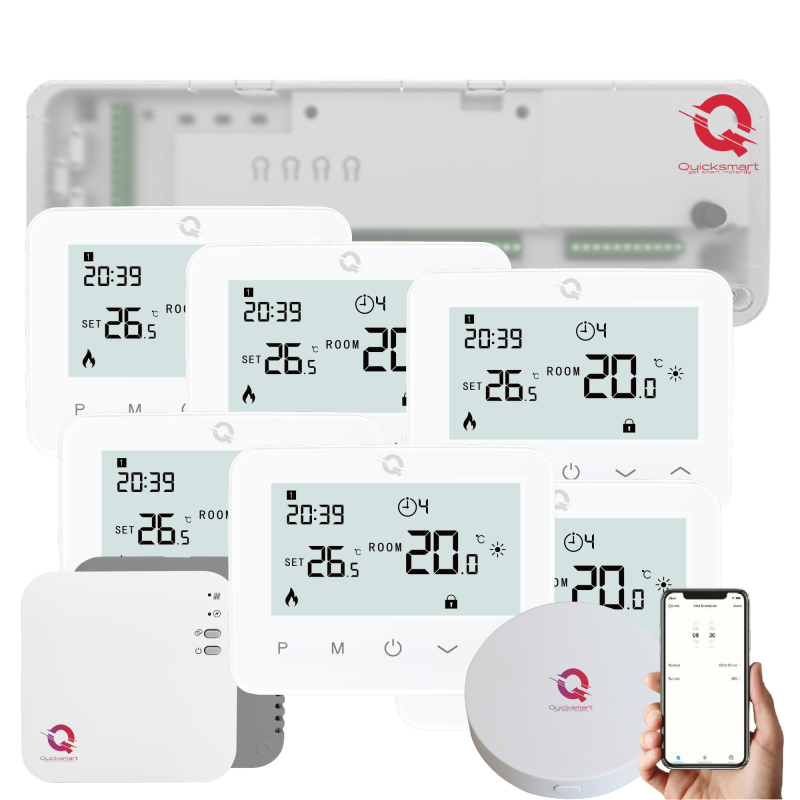 Q20 Underfloor Heating Automation Kit, Smart Management for 8 Zones, Fully Wireless, 6 Wifi Thermostats, e-Hub Included, RF