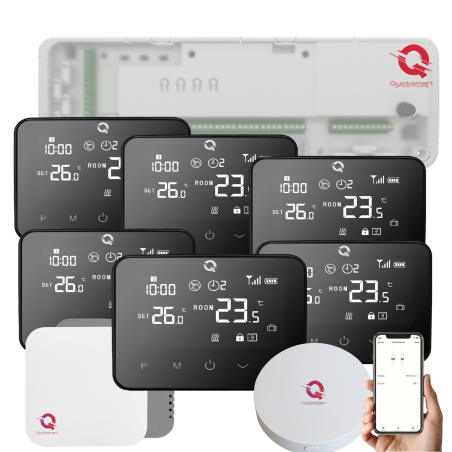 Q20 Underfloor Heating Automation Kit, Smart Management for 8 Zones, Fully Wireless, 6 Wifi Thermostats, e-Hub Included, RF