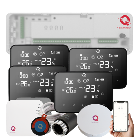 Q20 Underfloor Heating Automation Kit, Smart Management for 8 Zones, Fully Wireless, 4 Wifi Thermostats, 8 NC, e-Hub Included