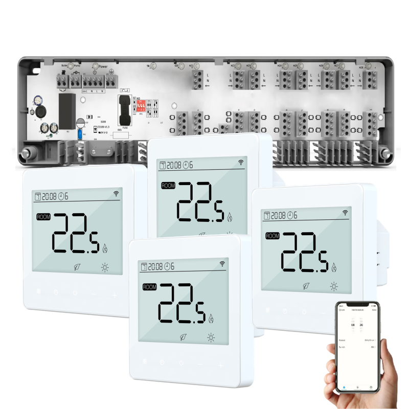 Automatizare Incalzire Pardoseala Q10, Controller pardoseala 8 zone, 4 Termostate cu fir Q40, Incastrabil, Smart, Alb