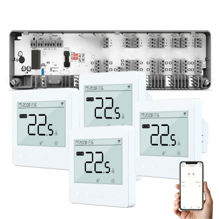 Q10 Underfloor Heating Automation Kit, Smart Management and Monitoring for 8 Zones, 4 Wired Recessed Q40 Thermostats, White