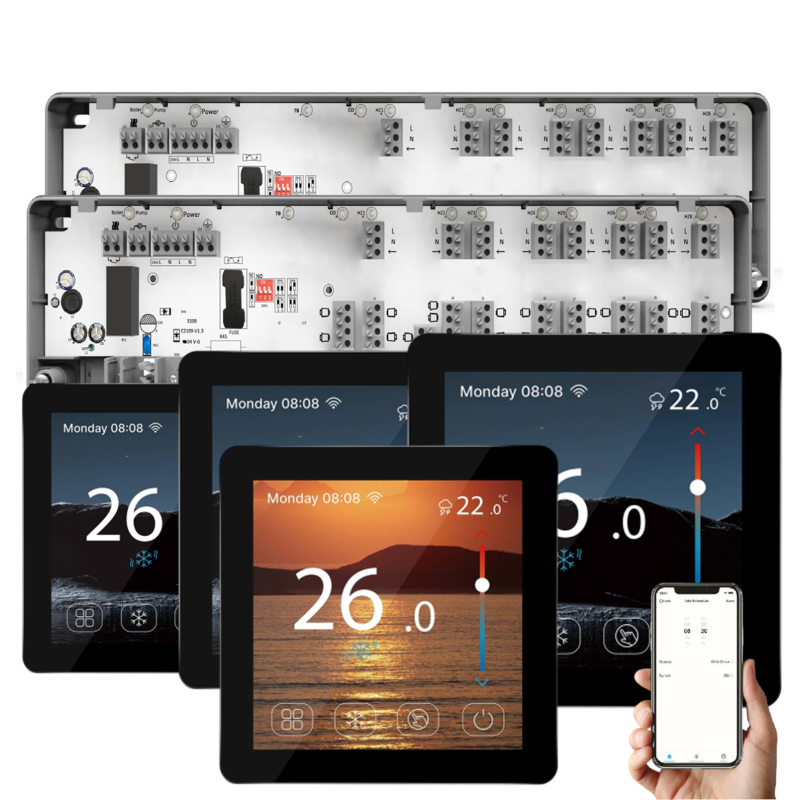 Automatizare Incalzire Pardoseala Q10, 2x Controller pardoseala 8 zone, 4 Termostate cu fir Q50, Incastrabil, Smart