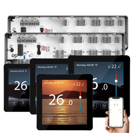 Automatizare Incalzire Pardoseala Q10, 2x Controller pardoseala 8 zone, 4 Termostate cu fir Q50, Incastrabil, Smart