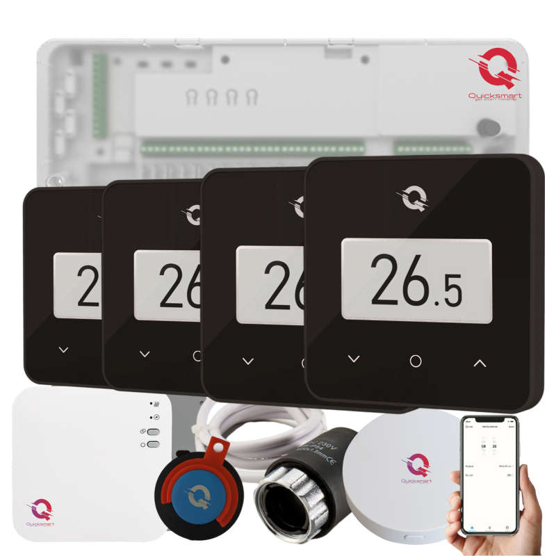 Automatizare Incalzire Pardoseala Q20, Controller 8 zone, 4 Termostate Q30 Wireless, 8 Actuatoare NC, Panou tactil sticla, Smart